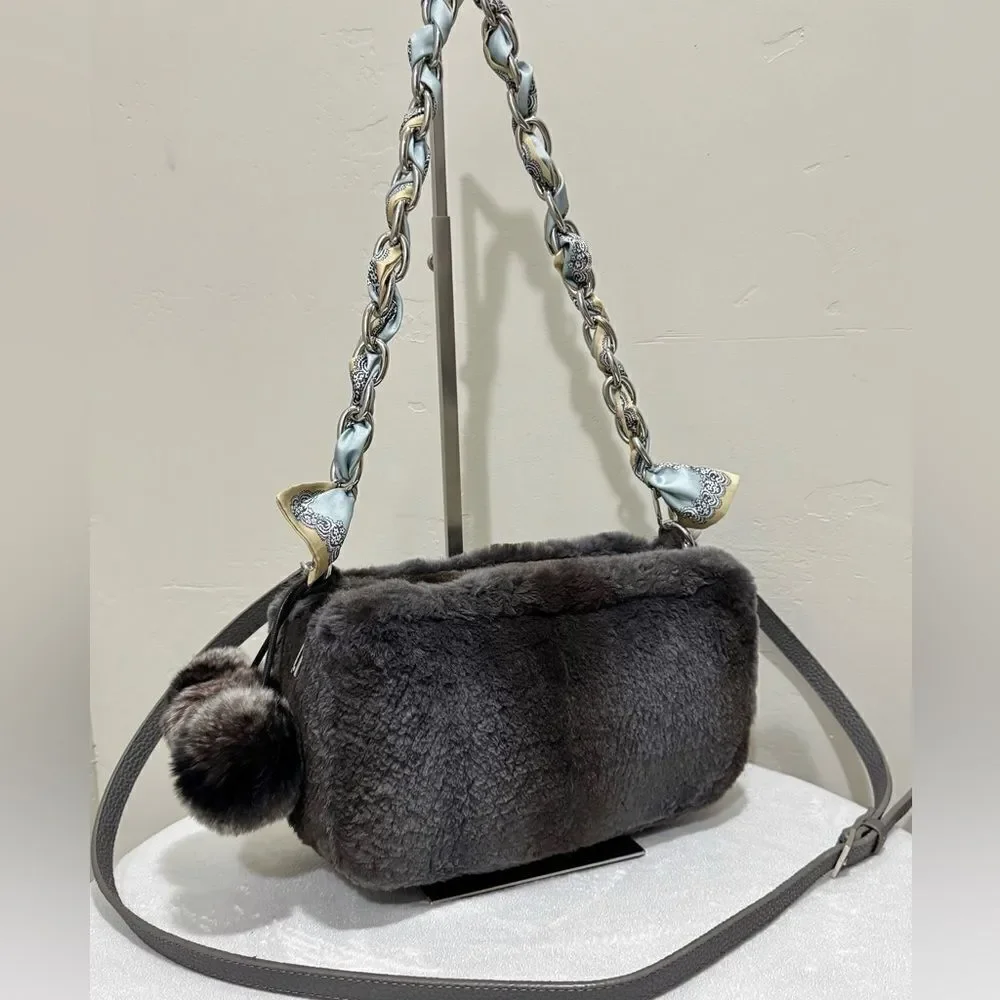 Gray Real Sheared Beaver Fur Handmade Double Zip Pillow Shoulder Bag/ Crossbody